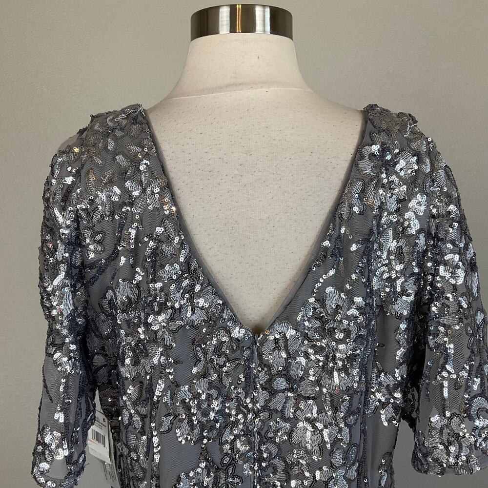 Alex Evenings Silver Cocktail Dress Sequin Short Sleeve V-Neck Sheath Size 14W - Picture 7 of 11